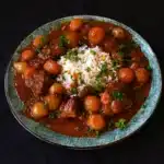 Kalfsvlees met sjalotjes. Geserveerd met witte rijst en friet